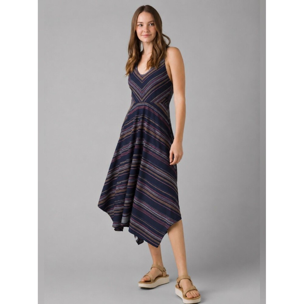 prAna Saxton Dress Sz L Red Clay Navy Striped High-Low Midi-Maxi Bra Padded Boho
